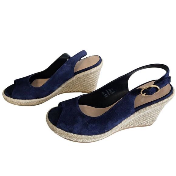 Stuart Weitzman Jean Blue Suede Slingback Cork Wedge Heel Sandal Size 8 - Picture 9 of 14